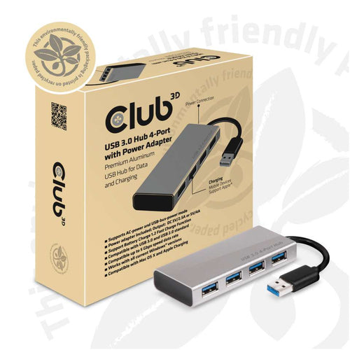 CLUB3D USB 3.0 Hub 4-Port with Power Adapter