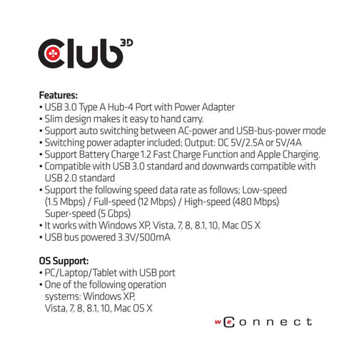CLUB3D USB 3.0 Hub 4-Port with Power Adapter
