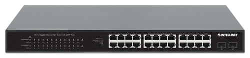 Intellinet 24-Port Gigabit Ethernet PoE+ Switch with 2 SFP Ports IEEE 802.3at/af (PoE+/PoE) Compliant, PoE Power Budget of 370 W, Two 1G SFP Open Slots, 19" Rackmount
