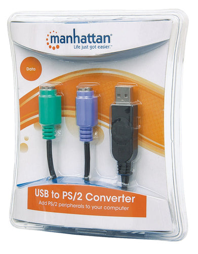Manhattan USB-A to PS/2 Converter cable, 15cm, Male to Female, Black, Connects Two PS/2 Devices via One USB-A Port, Three Year Warranty, Equivalent to USBPS2PC.