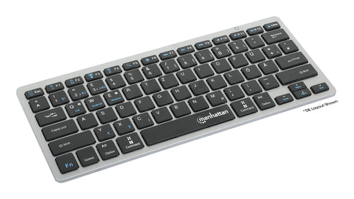 Manhattan Ultra Slim Dual-Mode Wireless Keyboard, German Quertz layout, Bluetooth (v3.0) and Wireless (2.4GHz), 78 low profile scissor keys, Auto Power Management, Range 10m, USB-A Micro Receiver, AAA Battery (included), Windows and Mac, Three Year