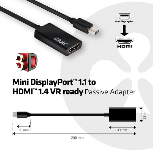 CLUB3D Mini DisplayPort1.1 to HDMI1.4 VR Ready Passive Adapter