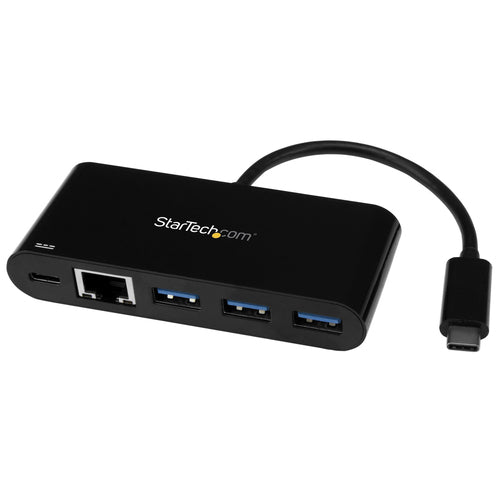 StarTech.com 3 Port USB-C Hub with Gigabit Ethernet & 60W Power Delivery Passthrough Laptop Charging - USB-C to 3x USB-A (USB 3.0 SuperSpeed 5Gbps) - USB 3.1/3.2 Gen 1 Type-C Adapter Hub~3 Port USB-C Hub with Gigabit Ethernet & 60W Power Delivery