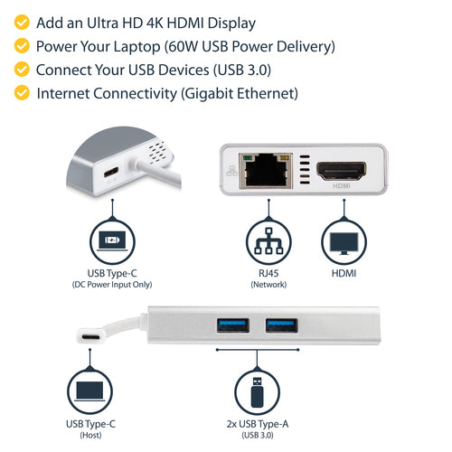 StarTech.com USB-C Multiport Adapter - USB-C Travel Docking Station w/ 4K HDMI - 60W Power Delivery Pass-Through, GbE, 2pt USB-A 3.0 Hub - Portable Mini USB Type-C Dock for Laptop - White