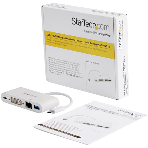 StarTech.com USB C Multiport Adapter - USB-C to DVI-D (Digital) Video Adapter with 60W Power Delivery Passthrough Charging, GbE, USB-A - Portable USB Type-C/Thunderbolt 3 Mini Laptop Dock