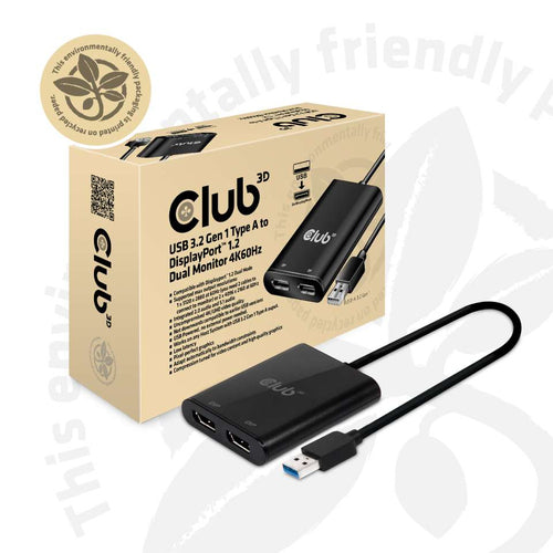 CLUB3D USB3.2 Gen1 Type A to 2x DisplayPort™1.2 Dual Monitor 4K60Hz DisplayLink Video Splitter