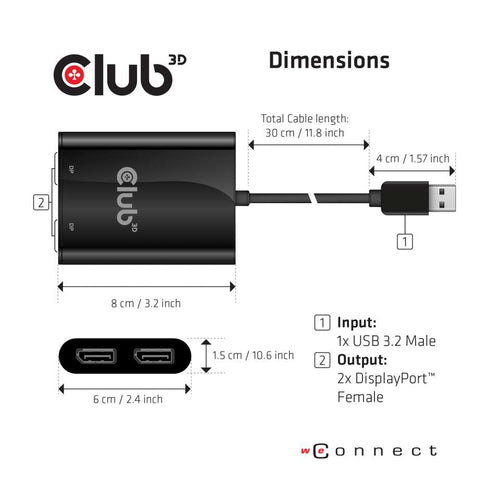 CLUB3D USB3.2 Gen1 Type A to 2x DisplayPort™1.2 Dual Monitor 4K60Hz DisplayLink Video Splitter