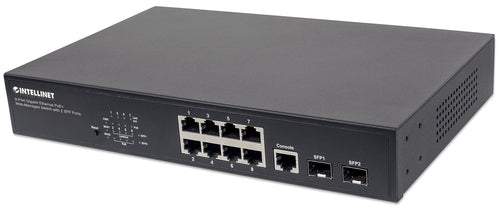 Intellinet 8-Port Gigabit Ethernet PoE+ Web-Managed Switch with 2 SFP Ports, IEEE 802.3at/af Power over Ethernet (PoE+/PoE) Compliant, 140 W, Endspan, Desktop, 19" Rackmount, Box