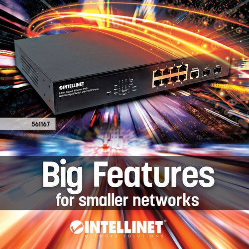 Intellinet 8-Port Gigabit Ethernet PoE+ Web-Managed Switch with 2 SFP Ports, IEEE 802.3at/af Power over Ethernet (PoE+/PoE) Compliant, 140 W, Endspan, Desktop, 19" Rackmount, Box