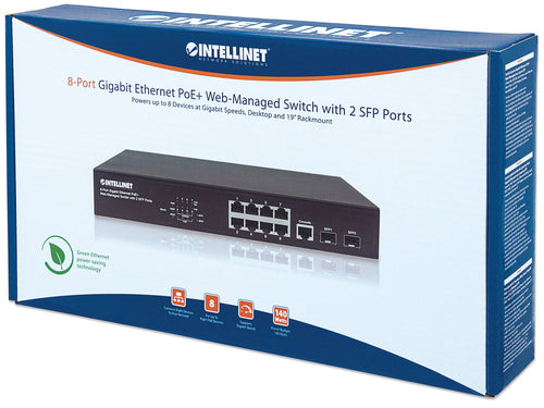 Intellinet 8-Port Gigabit Ethernet PoE+ Web-Managed Switch with 2 SFP Ports, IEEE 802.3at/af Power over Ethernet (PoE+/PoE) Compliant, 140 W, Endspan, Desktop, 19" Rackmount, Box