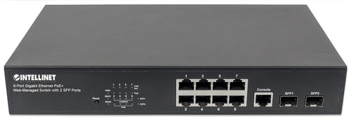 Intellinet 8-Port Gigabit Ethernet PoE+ Web-Managed Switch with 2 SFP Ports, IEEE 802.3at/af Power over Ethernet (PoE+/PoE) Compliant, 140 W, Endspan, Desktop, 19" Rackmount, Box