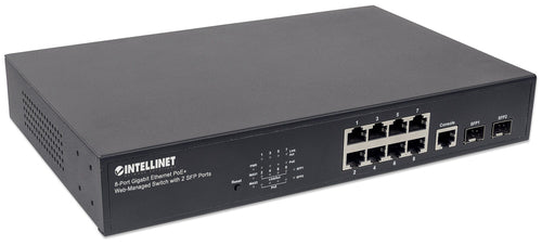 Intellinet 8-Port Gigabit Ethernet PoE+ Web-Managed Switch with 2 SFP Ports, IEEE 802.3at/af Power over Ethernet (PoE+/PoE) Compliant, 140 W, Endspan, Desktop, 19" Rackmount, Box