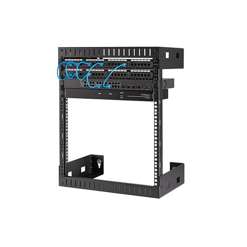 StarTech.com 12U 19" Wall Mount Network Rack - 12" Deep 2 Post Open Frame Server Room Rack for Data/AV/IT/Computer Equipment/Patch Panel with Cage Nuts & Screws 200lb Capacity, Black (RK12WALLO)