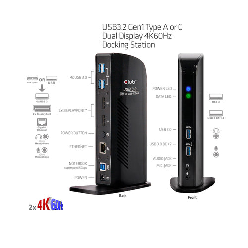 CLUB3D USB3.2 Gen1 Type A or C Dual Display 4K60Hz Docking Station DisplayLink® Certified