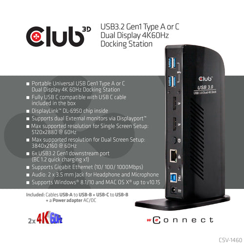 CLUB3D USB3.2 Gen1 Type A or C Dual Display 4K60Hz Docking Station DisplayLink® Certified