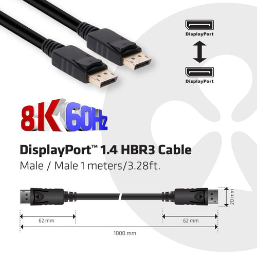 CLUB3D DisplayPort 1.4 HBR3 Cable 1m/3.28ft Male/Male 8K60Hz