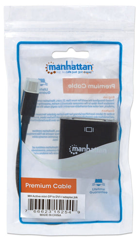 Manhattan Mini DisplayPort 1.2a to DVI-I Dual-Link Adapter Cable, 4K@30Hz, Active, 19.5cm, Male to Female, Compatible with DVD-D, Black, Three Year Warranty