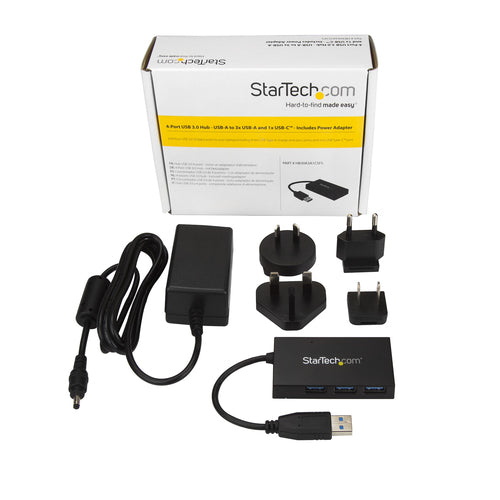 StarTech.com 4 Port USB 3.0 Hub - USB Type-A Hub with 1x USB-C & 3x USB-A (SuperSpeed 5Gbps) - USB Bus or Self-Powered - Portable USB 3.1/3.2 Gen 1 BC 1.2 Charging Hub w/ Power Adapter~4 Port USB 3.0 Hub - USB Type-A Hub with 1x USB-C & 3x USB-A