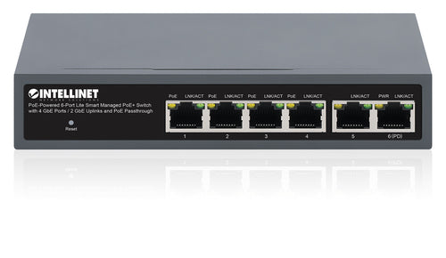 Intellinet PoE-Powered 6-Port Lite Smart Managed PoE+ Switch with 4 GbE Ports / 2 GbE Uplinks and PoE Passthrough