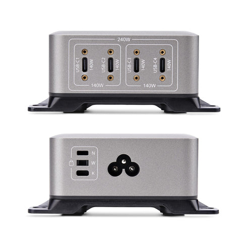 StarTech.com 4-Port Multi-Device USB-C Charger, 240W Total, Single Port 140W EPR, PD 3.1, Screw Locking Ports, Surface Mounting, Ideal for Boardrooms