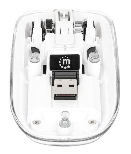 Manhattan Transparent Rechargeable Wireless Mouse, Clear/White, Adjustable 800/1200/1600dpi, With RGB LED light, 2.4Ghz (effective range up to 10m), USB, Optical, Ambidextrous, Four Button with Scroll Wheel, Slim Design, USB-A micro receiver, Lithium Ion