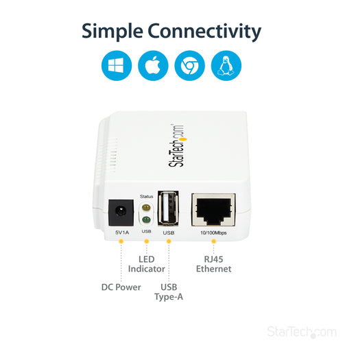 StarTech.com 1 Port USB Wireless N Network Print Server with 10/100 Mbps Ethernet Port - 802.11 b/g/n