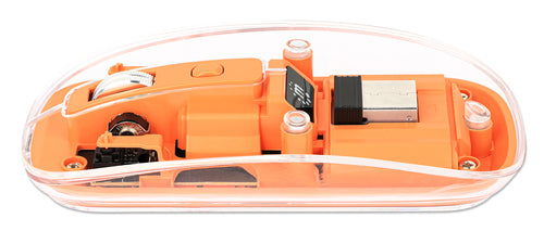 Manhattan Transparent Rechargeable Wireless Mouse, Clear/Orange, Adjustable 800/1200/1600dpi, With RGB LED light, 2.4Ghz (effective range up to 10m), USB, Optical, Ambidextrous, Four Button with Scroll Wheel, Slim Design, USB-A micro receiver, Lithium