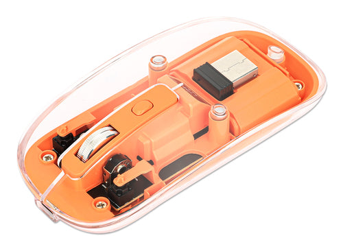 Manhattan Transparent Rechargeable Wireless Mouse, Clear/Orange, Adjustable 800/1200/1600dpi, With RGB LED light, 2.4Ghz (effective range up to 10m), USB, Optical, Ambidextrous, Four Button with Scroll Wheel, Slim Design, USB-A micro receiver, Lithium