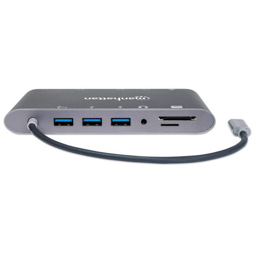 Manhattan USB-C Dock/Hub with Card Reader, Ports (x8): HDMI, Audio 3.5mm, Ethernet, Mini DisplayPort, USB-A (x3) and USB-C, With Power Delivery (60W) to USB-C Port (Note add USB-C wall charger and USB-C cable needed), All Ports can be used at the same