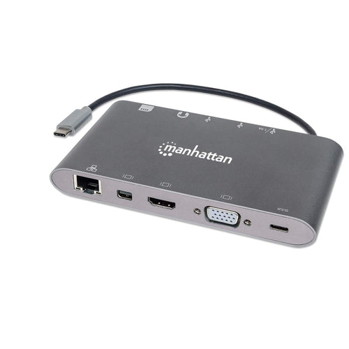 Manhattan USB-C Dock/Hub with Card Reader, Ports (x8): HDMI, Audio 3.5mm, Ethernet, Mini DisplayPort, USB-A (x3) and USB-C, With Power Delivery (60W) to USB-C Port (Note add USB-C wall charger and USB-C cable needed), All Ports can be used at the same