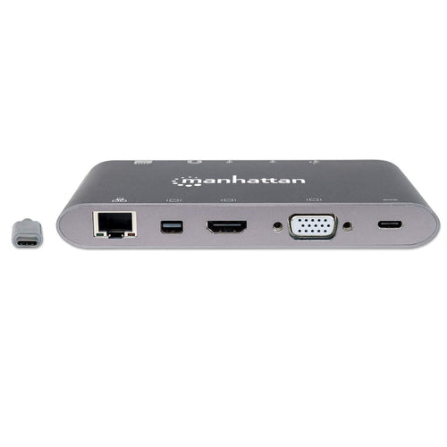 Manhattan USB-C Dock/Hub with Card Reader, Ports (x8): HDMI, Audio 3.5mm, Ethernet, Mini DisplayPort, USB-A (x3) and USB-C, With Power Delivery (60W) to USB-C Port (Note add USB-C wall charger and USB-C cable needed), All Ports can be used at the same