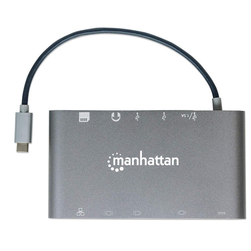 Manhattan USB-C Dock/Hub with Card Reader, Ports (x8): HDMI, Audio 3.5mm, Ethernet, Mini DisplayPort, USB-A (x3) and USB-C, With Power Delivery (60W) to USB-C Port (Note add USB-C wall charger and USB-C cable needed), All Ports can be used at the same