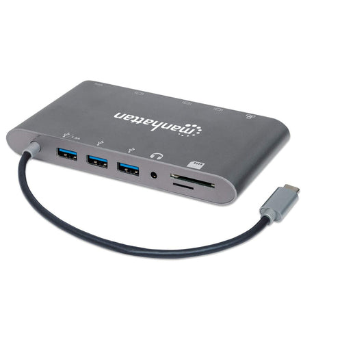 Manhattan USB-C Dock/Hub with Card Reader, Ports (x8): HDMI, Audio 3.5mm, Ethernet, Mini DisplayPort, USB-A (x3) and USB-C, With Power Delivery (60W) to USB-C Port (Note add USB-C wall charger and USB-C cable needed), All Ports can be used at the same