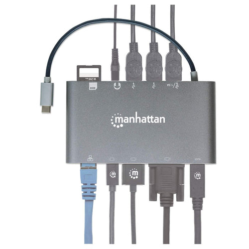 Manhattan USB-C Dock/Hub with Card Reader, Ports (x8): HDMI, Audio 3.5mm, Ethernet, Mini DisplayPort, USB-A (x3) and USB-C, With Power Delivery (60W) to USB-C Port (Note add USB-C wall charger and USB-C cable needed), All Ports can be used at the same