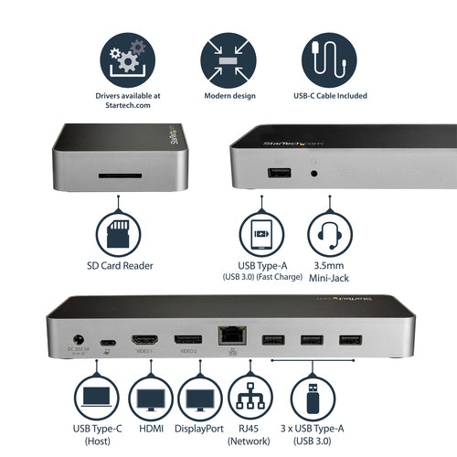 StarTech.com USB C Dock - Dual Monitor HDMI & DisplayPort 4K 30Hz - USB Type-C Laptop Docking Station 60W Power Delivery, SD, 4-port USB-A 3.0 Hub, GbE, Audio - Thunderbolt 3 Compatible
