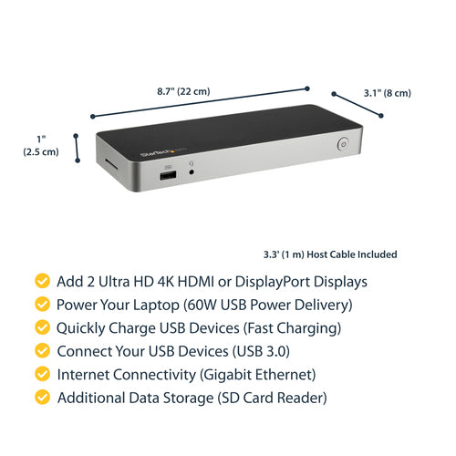 StarTech.com USB C Dock - Dual Monitor HDMI & DisplayPort 4K 30Hz - USB Type-C Laptop Docking Station 60W Power Delivery, SD, 4-port USB-A 3.0 Hub, GbE, Audio - Thunderbolt 3 Compatible