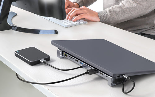 Manhattan USB-C Dock/Hub with Card Reader and MST, Ports (x7): Ethernet, HDMI (x2 4k@60Hz), USB-A (x3) and USB-C, with Power Delivery (PD) 100W- requires external USB-C charger (not included). USB powered (no external power supply required) when PD is