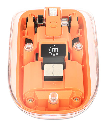 Manhattan Transparent Rechargeable Wireless Mouse, Clear/Orange, Adjustable 800/1200/1600dpi, With RGB LED light, 2.4Ghz (effective range up to 10m), USB, Optical, Ambidextrous, Four Button with Scroll Wheel, Slim Design, USB-A micro receiver, Lithium