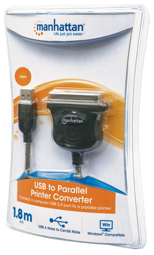 Manhattan USB-A to Parallel Printer Cen36 Converter Cable, 1.8m, Male to Male, Black, 12Mbps, IEEE 1284, bus power, Three Year Warranty, Blister