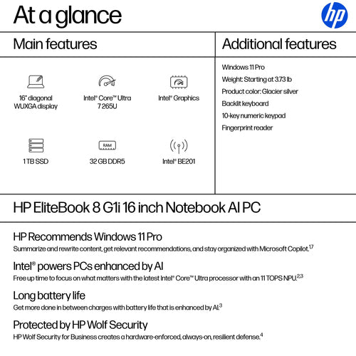 HP EliteBook 8 G1i 16 inch Notebook AI PC Intel Core Ultra 7 265U Laptop 40.6 cm (16") WUXGA 32 GB DDR5-SDRAM 1 TB SSD Wi-Fi 7 (802.11be) Windows 11 Pro Silver