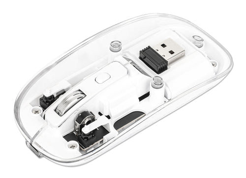 Manhattan Transparent Rechargeable Wireless Mouse, Clear/White, Adjustable 800/1200/1600dpi, With RGB LED light, 2.4Ghz (effective range up to 10m), USB, Optical, Ambidextrous, Four Button with Scroll Wheel, Slim Design, USB-A micro receiver, Lithium Ion