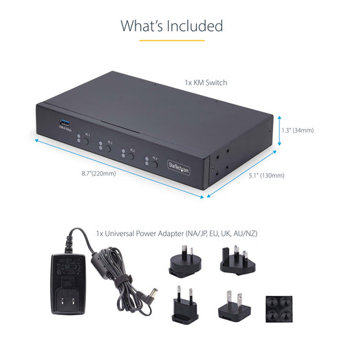 StarTech.com 4-Port KM Switch with Mouse Switching, USB Switch for Keyboard/Mouse, 3.5mm/USB Audio, Peripheral Sharing for 4 Computers, TAA Compliant