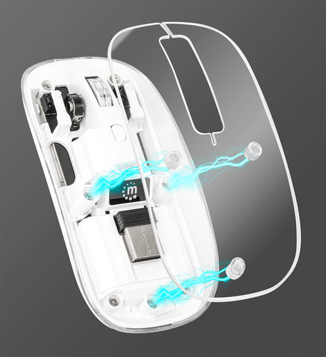 Manhattan Transparent Rechargeable Wireless Mouse, Clear/White, Adjustable 800/1200/1600dpi, With RGB LED light, 2.4Ghz (effective range up to 10m), USB, Optical, Ambidextrous, Four Button with Scroll Wheel, Slim Design, USB-A micro receiver, Lithium Ion