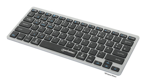 Manhattan Ultra Slim Dual-Mode Wireless Keyboard, German Quertz layout, Bluetooth (v3.0) and Wireless (2.4GHz), 78 low profile scissor keys, Auto Power Management, Range 10m, USB-A Micro Receiver, AAA Battery (included), Windows and Mac, Three Year