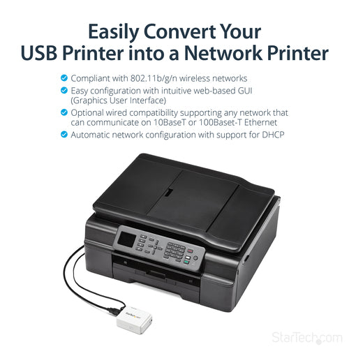 StarTech.com 1 Port USB Wireless N Network Print Server with 10/100 Mbps Ethernet Port - 802.11 b/g/n