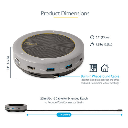 StarTech.com USB-C Speakerphone Docking Station, Mini Portable Conference Speaker and Audio Dock, USB-C to VGA/4K HDMI, 2x USB-A Hub, Mic/Speaker, Teams/Zoom/Softphone Speakerphone