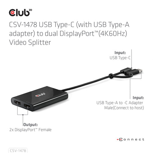 CLUB3D USB Type-C (with USB Type-A adapter) to dual DisplayPort™(4K60Hz) Video Splitter