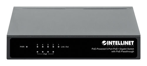 Intellinet 5-Port Gigabit Switch with PoE Passthrough, 4 x PSE PoE ports, 1 x PD PoE port, IEEE 802.3at/af Power-over-Ethernet (PoE+/PoE), IEEE 802.3az Energy Efficient Ethernet, Desktop
