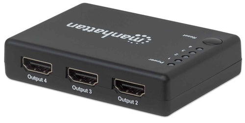 Manhattan HDMI Splitter 4-Port (Compact), 4K@30Hz, Displays output from x1 HDMI source to x4 HD displays (same output to four displays), AC Powered (cable 0.7m), Black, Three Year Warranty
