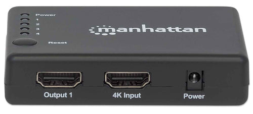 Manhattan HDMI Splitter 4-Port (Compact), 4K@30Hz, Displays output from x1 HDMI source to x4 HD displays (same output to four displays), AC Powered (cable 0.7m), Black, Three Year Warranty